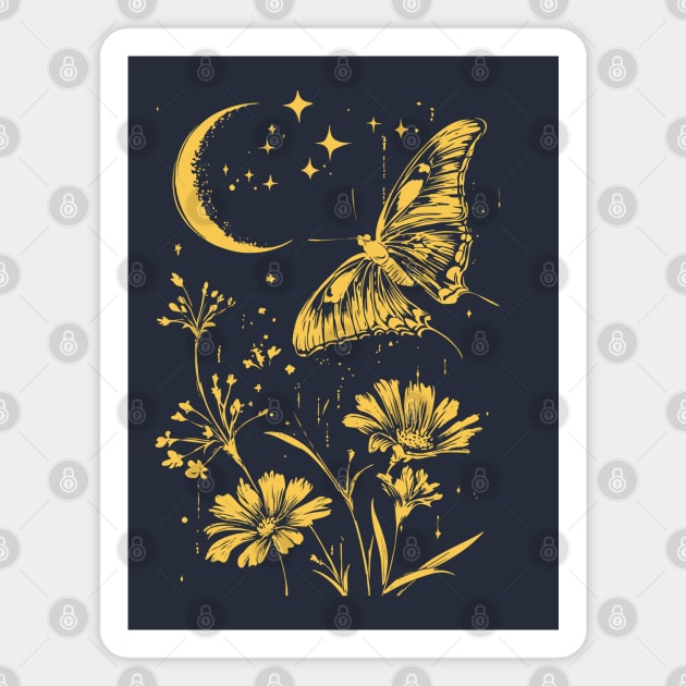 Golden Butterfly in Moonlit Meadow – Elegant Nature Art Magnet by TuncGK